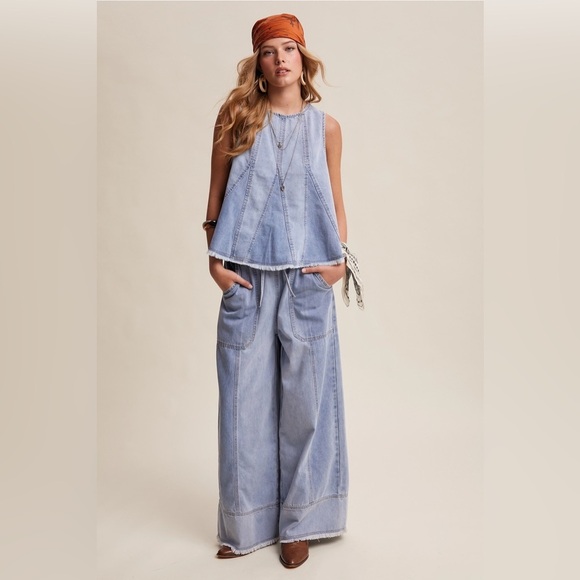 Listicle Pants - Listicle Light Blue Washed Denim Tank & Wide-Leg Pants Set